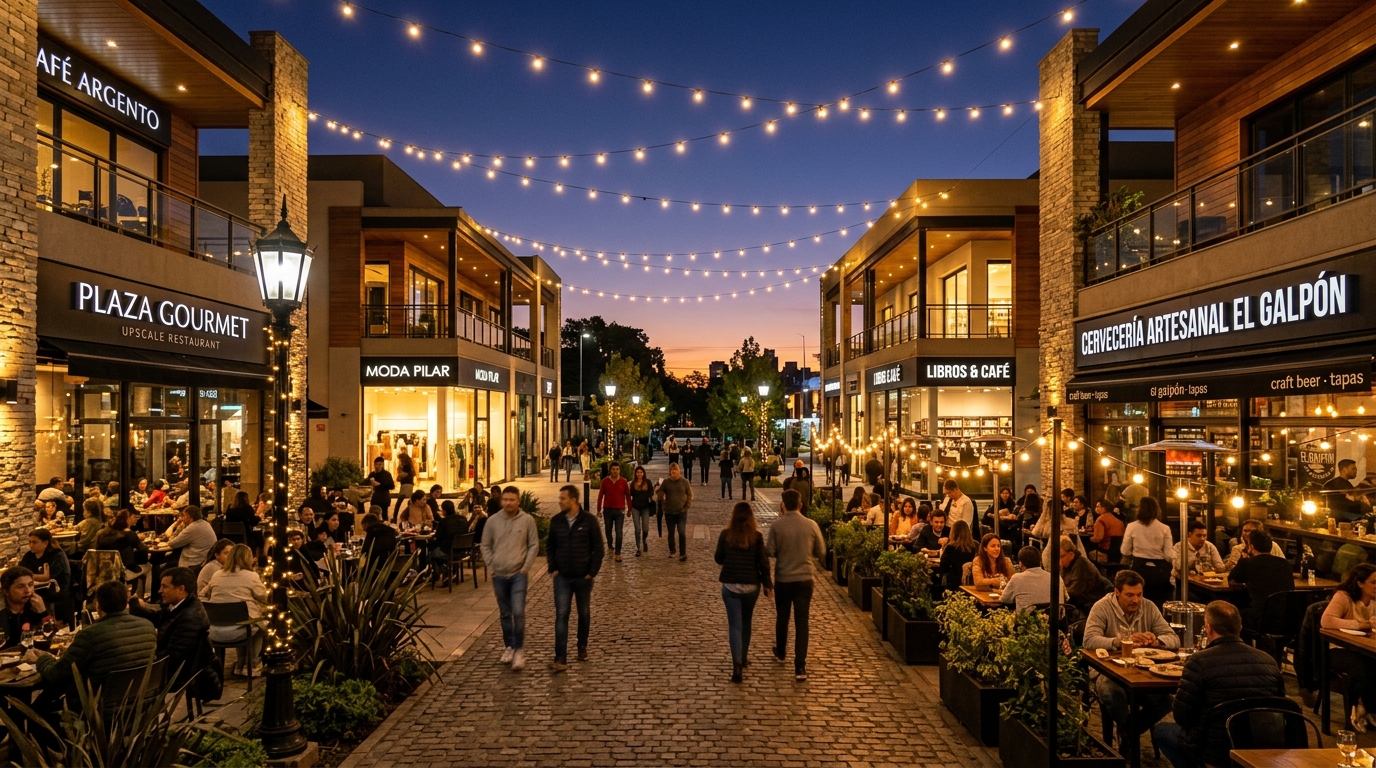 Bulevar nocturno iluminado con guirnaldas y restaurantes en My Town Plaza